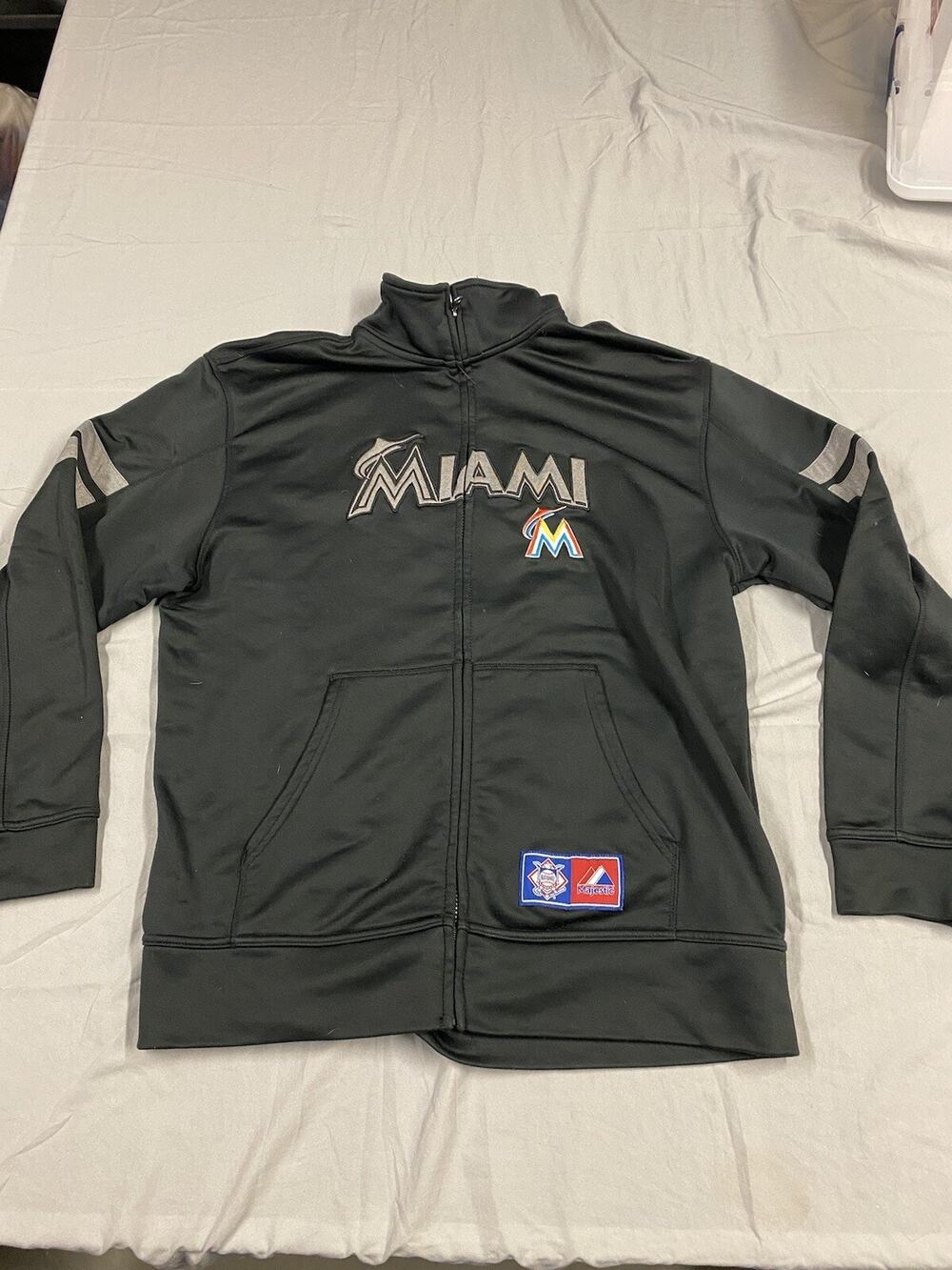 Majestic Mens Miami Marlins MLB Baseball Jacket Black Orange Full zip Sz Medium